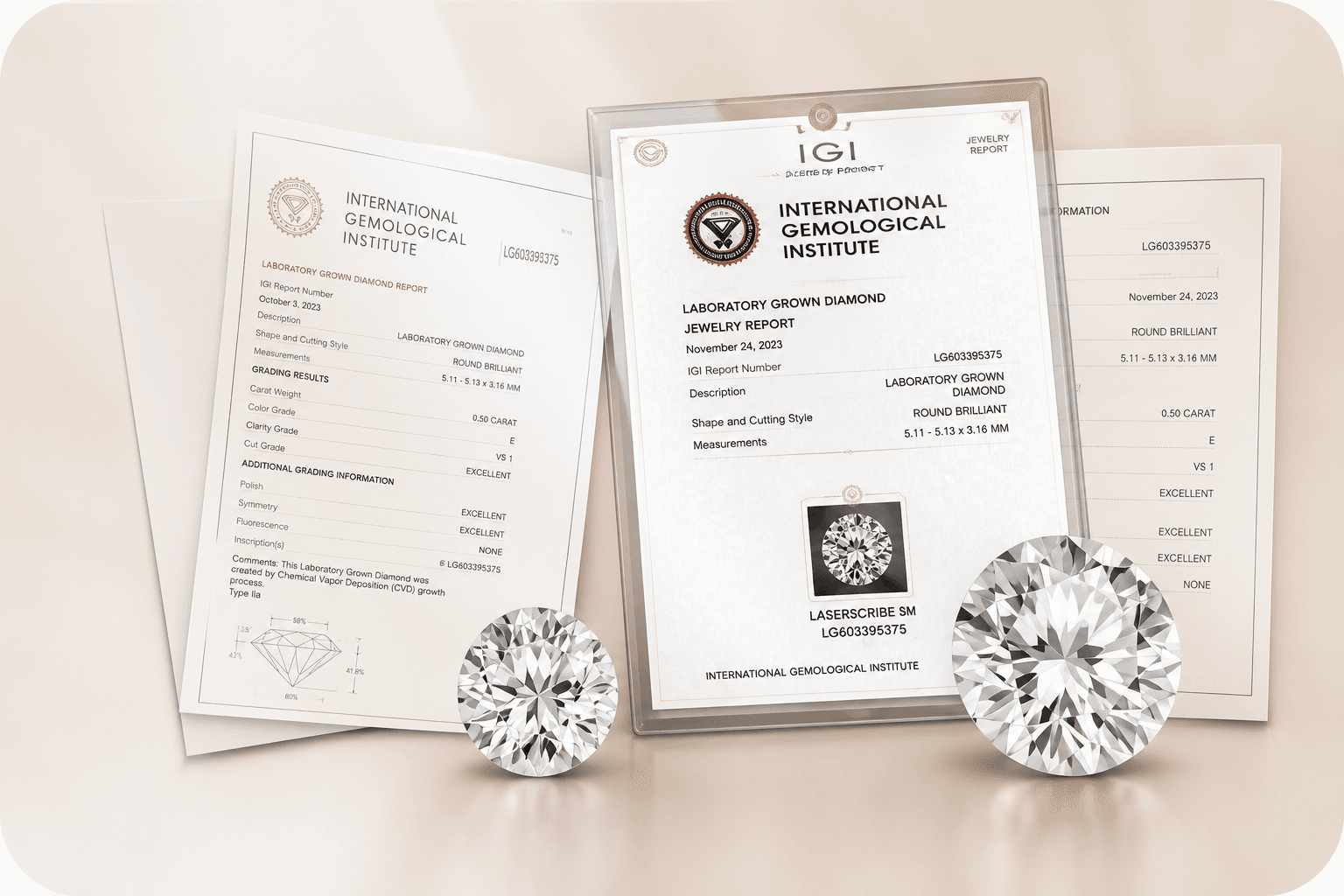 IGI certified lab-grown diamond grading reports