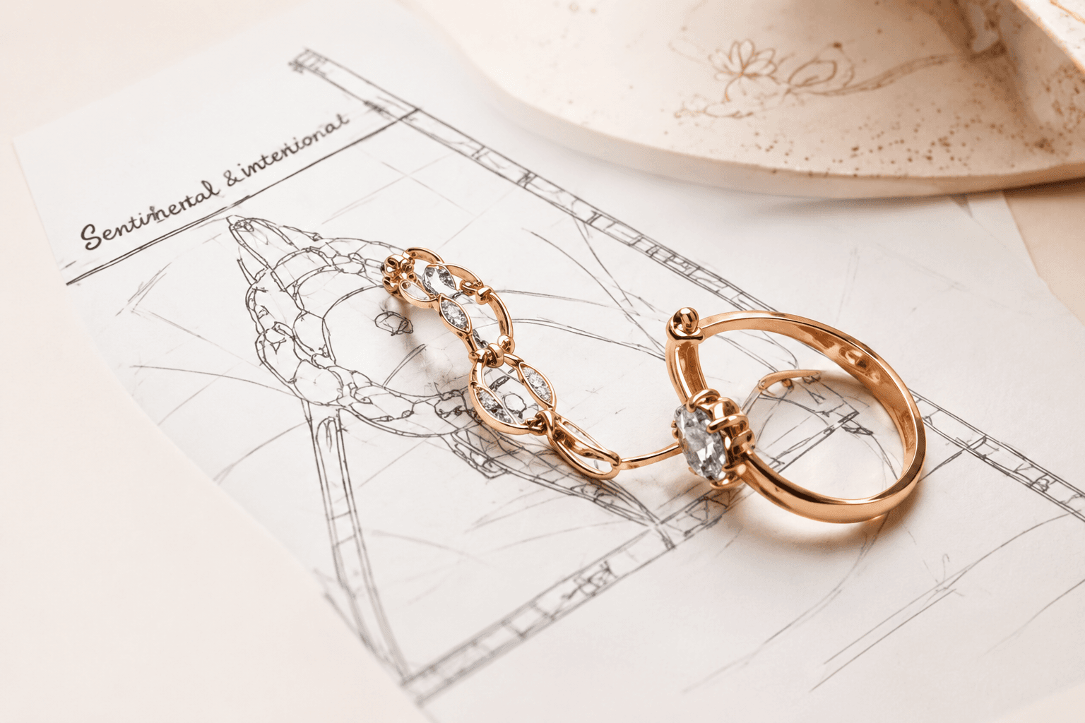 Bespoke ring resting on a hand-drawn design sketch